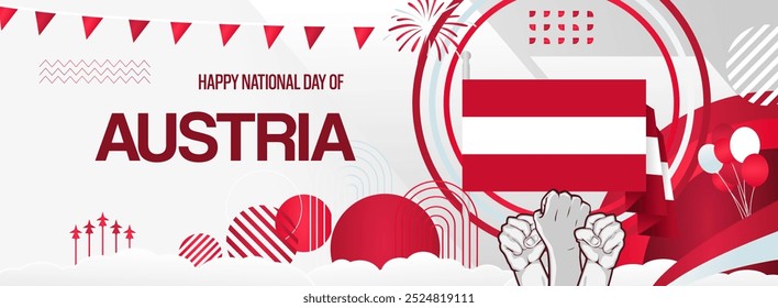 Austria national day banner with flags and raised hands. Modern banner for various purposes like as public holiday greeting cards, sports and music event posters, web headers. Horizontal design