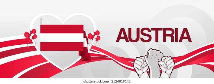 Austria national day banner with flags and raised hands. Modern banner for various purposes like as public holiday greeting cards, sports and music event posters, web headers. Horizontal design