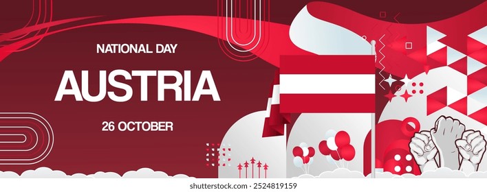 Austria national day banner with flags and raised hands. Modern banner for various purposes like as public holiday greeting cards, sports and music event posters, web headers. Horizontal design