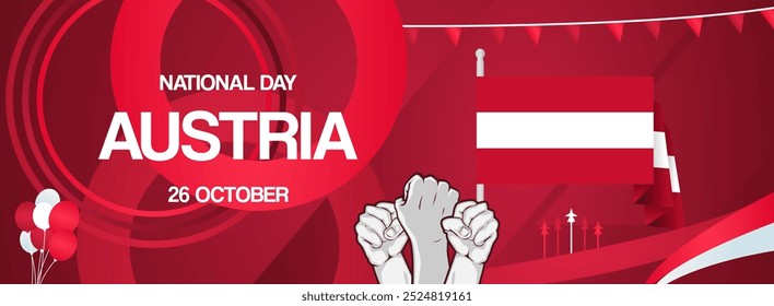 Austria national day banner with flags and raised hands. Modern banner for various purposes like as public holiday greeting cards, sports and music event posters, web headers. Horizontal design