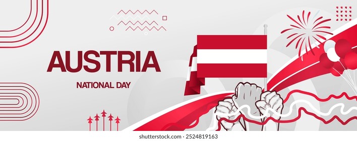 Austria national day banner with flags and raised hands. Modern banner for various purposes like as public holiday greeting cards, sports and music event posters, web headers. Horizontal design