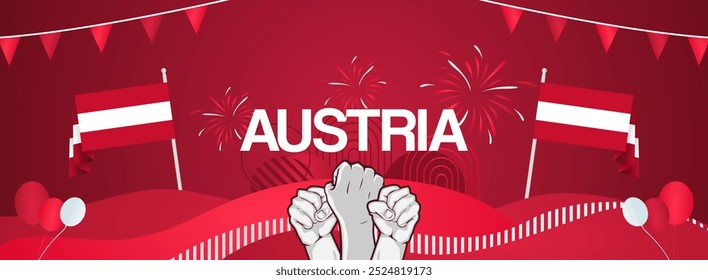 Austria national day banner with flags and raised hands. Modern banner for various purposes like as public holiday greeting cards, sports and music event posters, web headers. Horizontal design