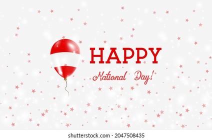 Austria National Day patriotic poster. Flying Rubber Balloon in Colors of the Austrian Flag. Austria National Day background with Balloon, Confetti, Stars, Bokeh and Sparkles.