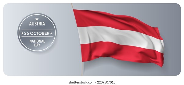 Austria national day vector banner, greeting card. Austrian wavy flag in 26th of October national patriotic holiday horizontal design