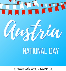 Austria National Day.  Vector illustration with inscription and garlands with flags on a blue background