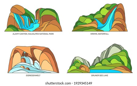 Austria natural landmarks and nature landscape sightseeing, vector flat icons. Austria travel places, Kalkalpen national park, Krimml waterfall in Salzburg and Eisriesenwelt limestone ice cave
