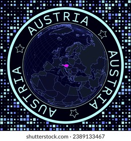 Austria on globe vector. Futuristic satelite view of the world centered to Austria. Geographical illustration with shape of country and squares background. Bright neon colors on dark background.