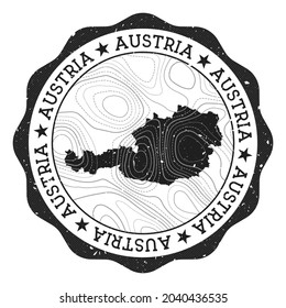 Austria outdoor stamp. Round sticker with a map of the country featuring topographic isolines. Vector illustration.
