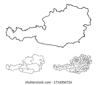 Austria outline map vector with administrative borders, regions, municipalities, departments in black white colors