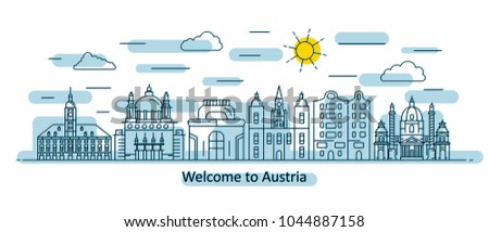Austria panorama. Austria vector illustration in outline style with buildings and city architecture. Welcome to Austria.