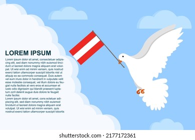 Concepto de paz de Austria con área de texto, ave de la paloma de la paz con bandera de Austria en su pico, paloma volando en las nubes, diseño de ilustración vectorial, plantilla del Día de la Paz de Austria, idea de libertad