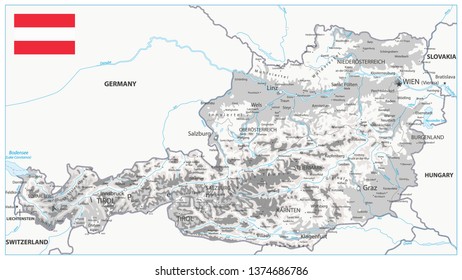 Austria Physical Map White and Grey - Detailed map of Austria vector illustration - All elements are separated in editable layers clearly labeled.