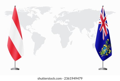 Banderas de Austria y de las Islas Pitcairn para una reunión oficial sobre el fondo del mapa mundial.