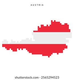 Austria pixel flag map icon. 8 bit pixel art Austrian map covered with flag. Flat vector illustration isolated on white background.