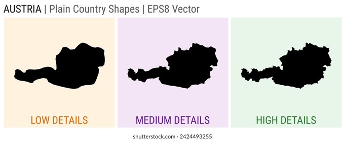 Austria - plain country shape. Low, medium, and high detailed maps of Austria. EPS8 Vector illustration.