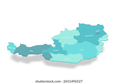 Mapa político da Áustria das divisões administrativas - estados federais. Mapa de vetor turquesa 3D com rótulos de nome.