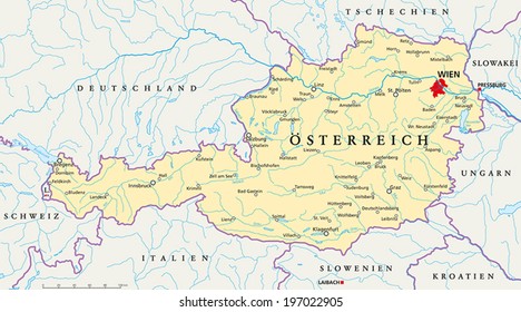 Austria Political Map with capital Vienna, national borders, most important cities, rivers and lakes. Vector illustration with German labeling and scaling.