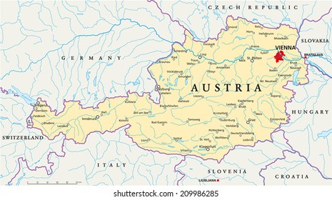 Austria Political Map with capital Vienna, with national borders, most important cities, rivers and lakes. Illustration with English labeling and scaling.
