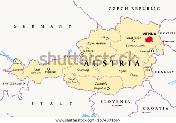 Austria Political Map Capital Vienna Nine Stock Vector Royalty Free 1674391669