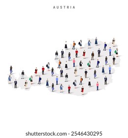 Austria population map. Large group of realistic a diverse crowd of people figures in a shape of Austrian map. Flat vector illustration isolated on white.