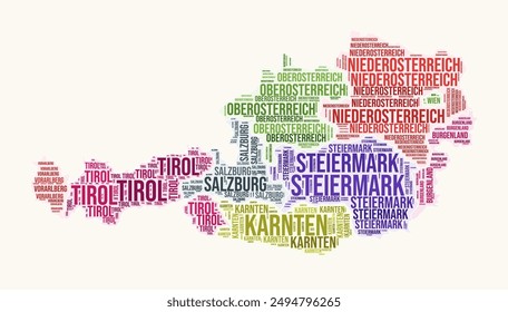 Austria regions word cloud. Country logo design. Regions typography style vector image. Austria colored text cloud. Vibrant vector illustration.