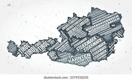 Austria regions word clouds. Country shape on textured background. Austria design in typographic style. Classy vector illustration.