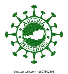 Austria Reopening Stamp. Green round badge of country with map of Austria. Country opening after lockdown. Vector illustration.