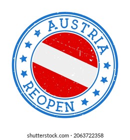 Austria Reopening Stamp. Round badge of country with flag of Austria. Reopening after lockdown sign. Vector illustration.