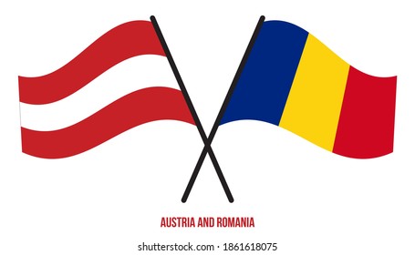Austria and Romania Flags Crossed And Waving Flat Style. Official Proportion. Correct Colors.
