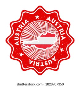 Austria round grunge stamp with country map and country flag. Vintage badge with circular text and stars, vector illustration.