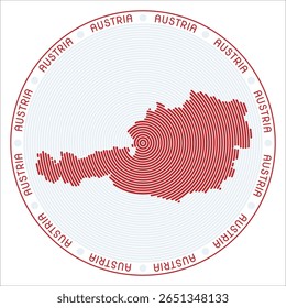 Austria round logo design. Country shape build of rings. Austria text around the country. Vector Illustration.