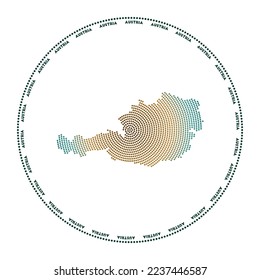 Austria round logo. Digital style shape of Austria in dotted circle with country name. Tech icon of the country with gradiented dots. Neat vector illustration.