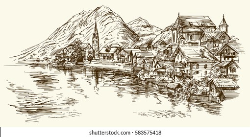 Austria, rural village. Hand drawn illustration.