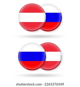 Austria and Russia circle flags. 3d icon. Round Russian and Austrian national symbols. Vector illustration.