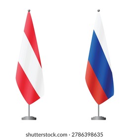 Austria and Russia flags on flagpoles for official ceremonies and meetings, transparent background vector
