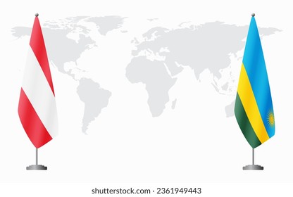 Austria and Rwanda flags for official meeting against background of world map.