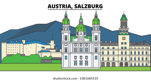 Austria, Salzburg. City skyline, architecture, buildings, streets, silhouette, landscape, panorama, landmarks. Editable strokes. Flat design line vector illustration concept. Isolated icons