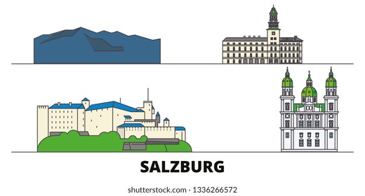Austria, Salzburg flat landmarks vector illustration. Austria, Salzburg line city with famous travel sights, skyline, design. 