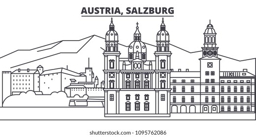 Austria, Salzburg line skyline vector illustration. Austria, Salzburg linear cityscape with famous landmarks, city sights, vector landscape. 