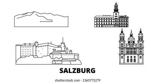 Austria, Salzburg line travel skyline set. Austria, Salzburg outline city vector illustration, symbol, travel sights, landmarks.