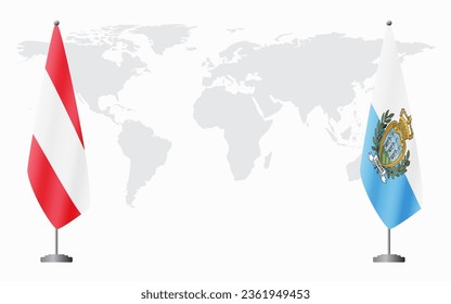 Austria and San Marino flags for official meeting against background of world map.