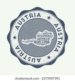 Austria seal. Country round logo with shape of Austria and country name in multiple languages wordcloud. Beautiful emblem. Neat vector illustration.