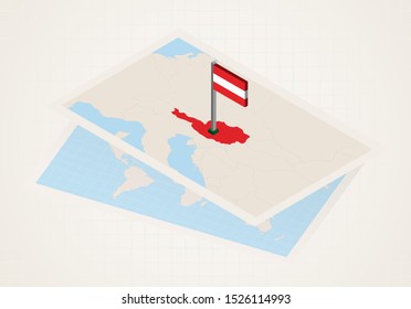 Austria selected on map with isometric flag of Austria. Vector paper map.