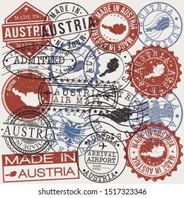 Austria Set of Stamps. Travel Passport Stamp. Made In Product. Design Seals Old Style Insignia. Icon Clip Art Vector.