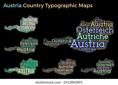 Austria. Set of typography style country illustrations. Austria map shape build of horizontal and vertical country names. Vector illustration.