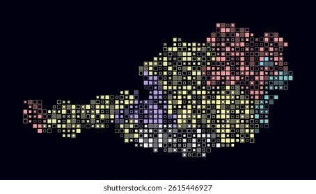 Austria, shape of the country built of colored cells. Digital style map of Austria on a dark background. Small size square blocks. Vibrant vector illustration.