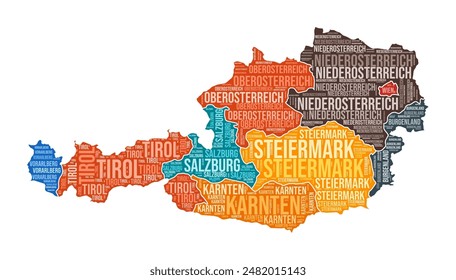 Austria shape. Country word cloud with region division. Austria colored illustration. Region names cloud. Vector illustration.