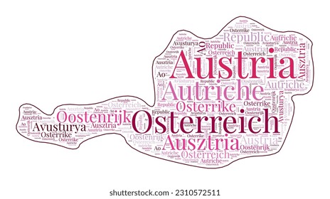 Austria shape filled with country name in many languages. Austria map in wordcloud style. Elegant vector illustration.