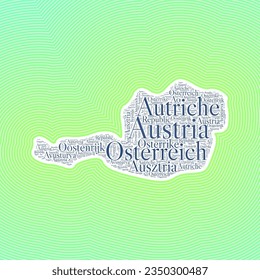 Austria shape formed by country name in multiple languages. Austria border on stylish striped gradient background. Vibrant poster. Neat vector illustration.