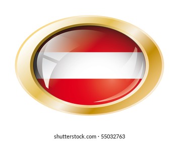 Austria shiny button flag with golden ring vector illustration. Isolated abstract object against white background.